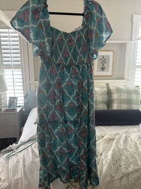 Teal Floral Smocked Dress